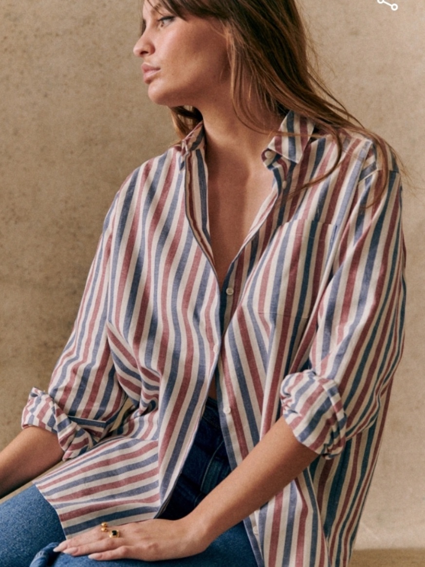 Szane Max Long Sleeved Button Down Shirt Fr 32/Us 0 Blue Ecru Burgundy Stripes